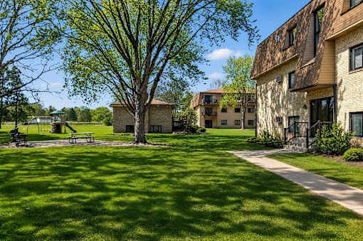 A tree in a grassy area in front of a building.