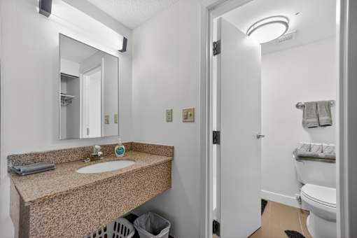 A bathroom with a sink, mirror, and toilet.