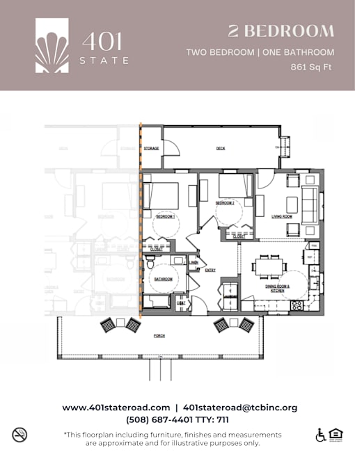 A floor plan for a 2 bedroom, one bathroom apartment at 401 State.