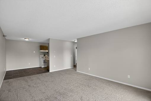 A spacious room with a carpeted floor and a white ceiling.