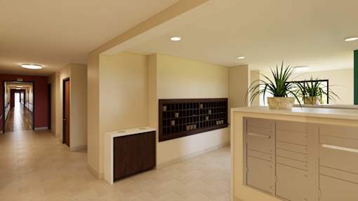 A long hallway with a plant on the counter.