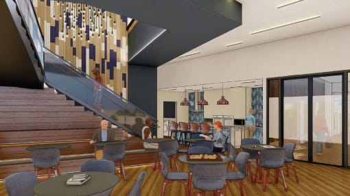 a rendering of the dining area and stairs that will lead up to the second floor of the