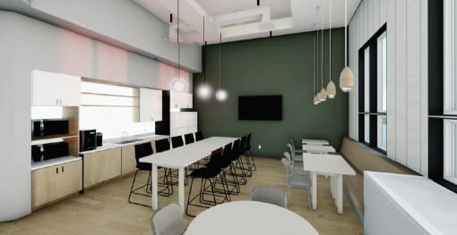 a rendering of a multipurpose room with a green wall and white tables and chairs