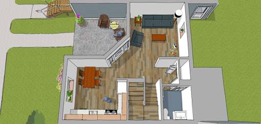 A drawing of a house with a deck and a kitchen.