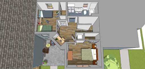 A 3D rendered image of a house layout.