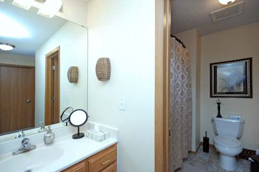 A bathroom with a toilet, sink, mirror, and a painting on the wall.