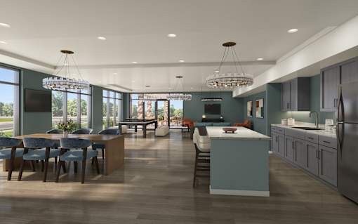 A modern kitchen with a dining table and chairs.