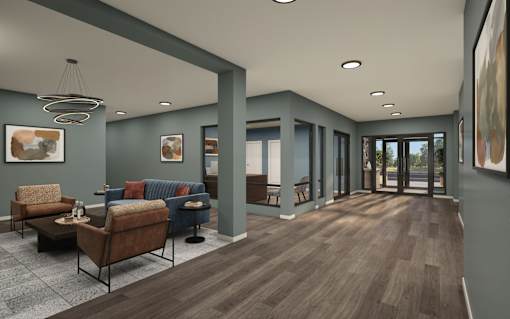 A living room with a brown sofa and a grey wall.