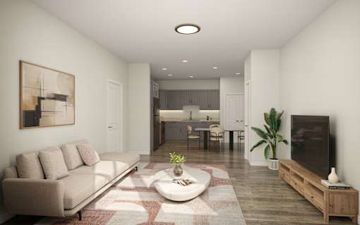 A living room with a couch, a coffee table, and a television.