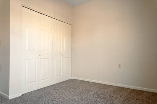 A white door is in a room with carpeted floor.