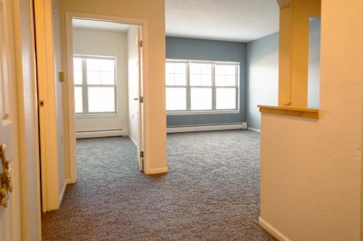 A room with a carpeted floor and two windows.