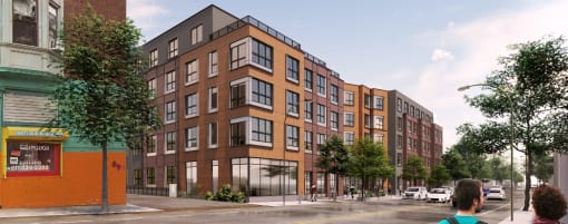 a rendering of a large apartment building on a city street