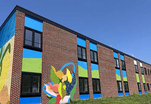 A large mural of a woman with a flower is painted on the side of a brick building.