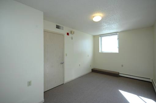 A room with a door, window, and carpeted floor.