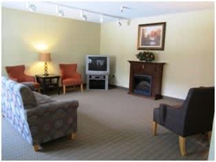 A living room with a grey carpet and a fireplace.
