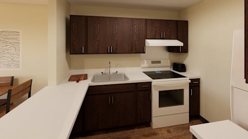 A kitchen with brown cabinets and white appliances.