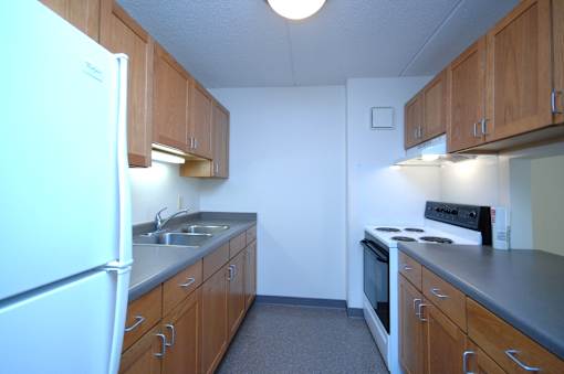 A kitchen with a white refrigerator, wooden cabinets, and a black stove top oven.