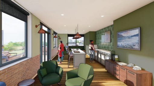 an artist impression of the kitchen and living area of the new building
