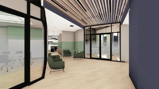 a room with glass doors and green chairs