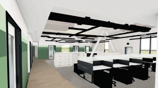 a view of the office space with green and white walls and white desks with black chairs