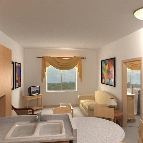 A living room with a couch, chair, and television.