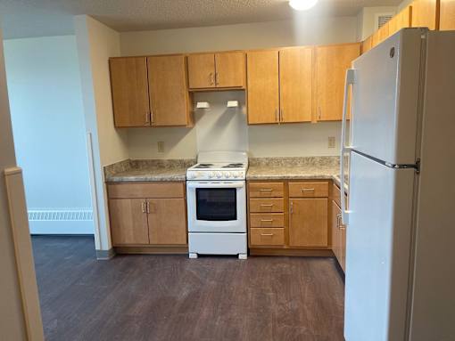 A kitchen with a white refrigerator, white stove, and wooden cabinets.