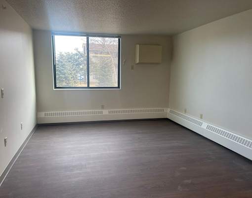 A room with a window and a radiator on the wall.