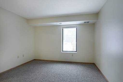 A room with a carpeted floor and a window.