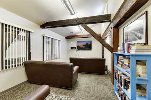 A room with a brown couch, a blue bookshelf, and a window with blinds.