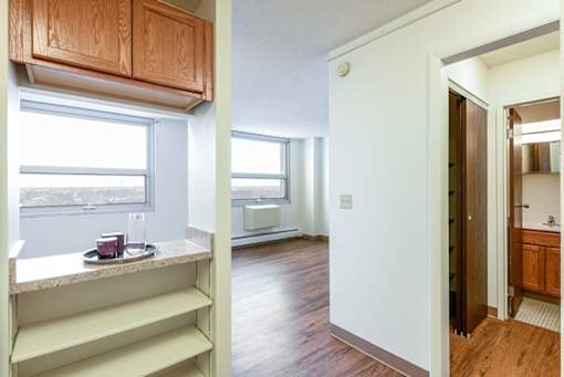 A kitchen with wooden cabinets and a counter with a plate of food on it.