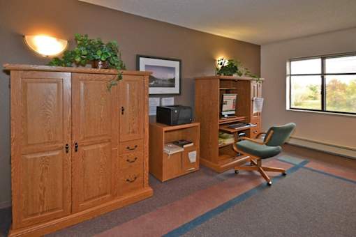 A room with a wooden cabinet, a chair, and a small plant on top of the cabinet.