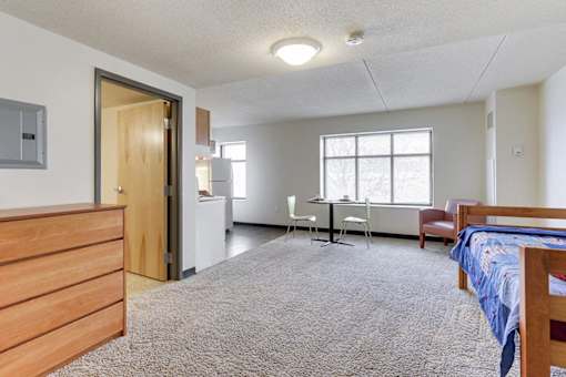 A bedroom with a bed, desk, and chair.