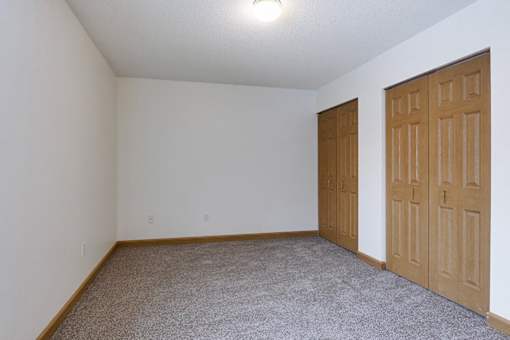 A room with a carpeted floor and two wooden doors.