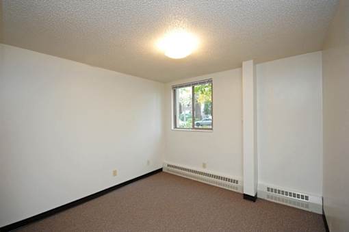 A room with a window and a carpeted floor.