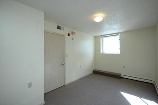 A room with a door, window, and carpeted floor.
