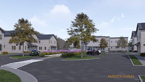 A residential area with houses and a street.