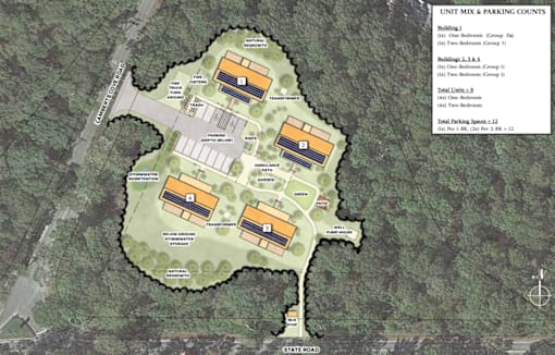 A map shows a layout of a property with buildings, roads, and a parking area.