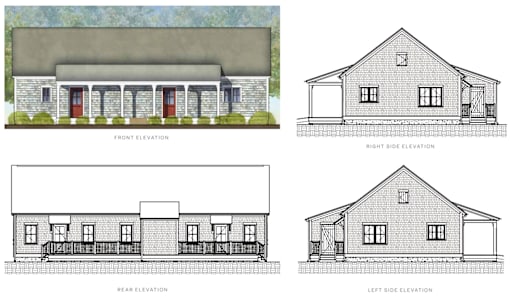 Four different elevation drawings of a house are shown.