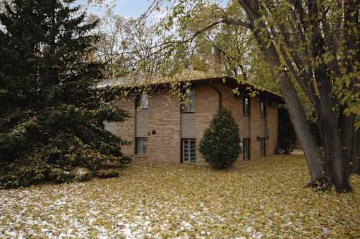 A house with a brown roof and a chimney is surrounded by trees and a field of fallen leaves.