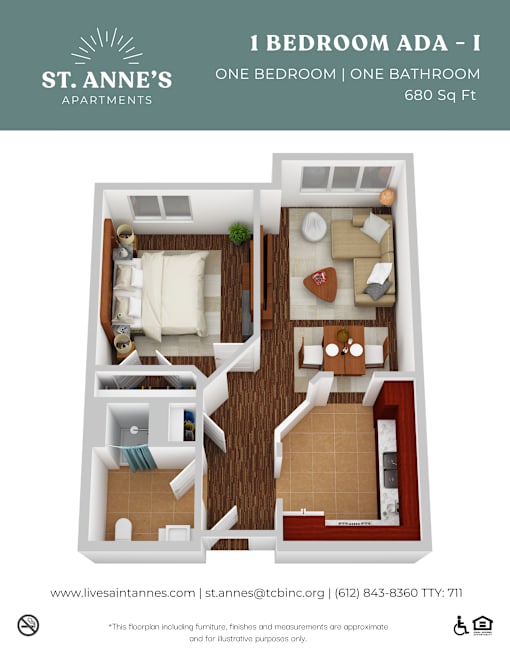 A floor plan of a one bedroom apartment in St. Anne's apartments.