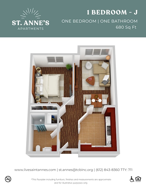 A floor plan of a one bedroom apartment with a living area and kitchen.