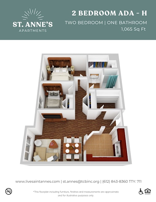 A floor plan of a 2 bedroom apartment with one bathroom.