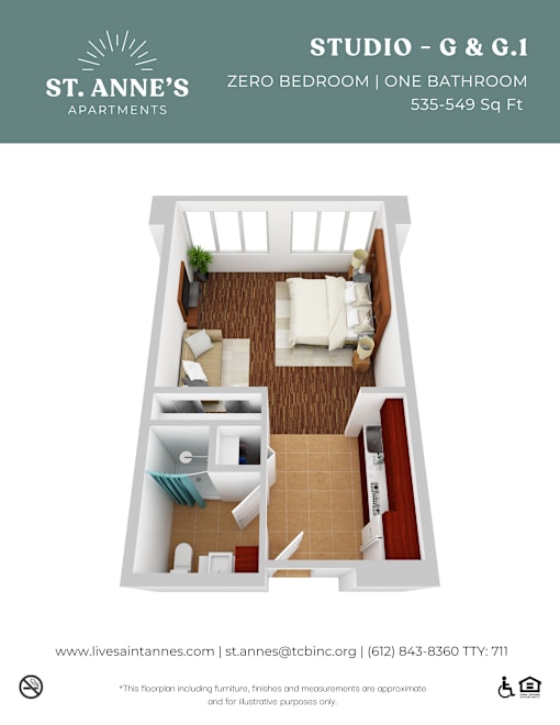 A floor plan of a studio apartment with a kitchen, living room, and bathroom.