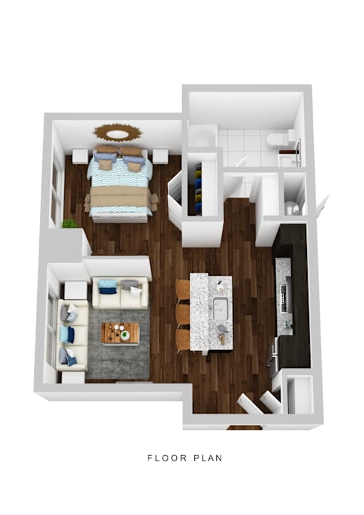 A floor plan of a small apartment with a bedroom, living room, and kitchen.