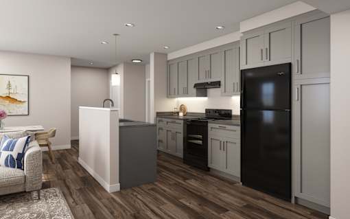 A modern kitchen with dark wood floors and white walls.