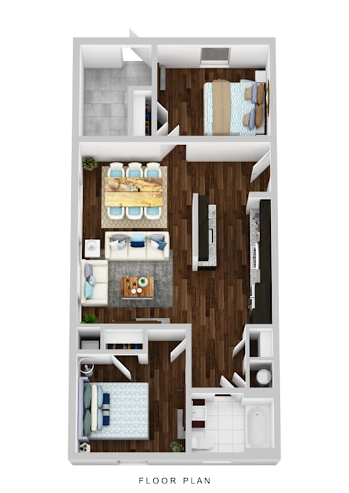 A floor plan of a house with a kitchen, living room, and bedrooms.