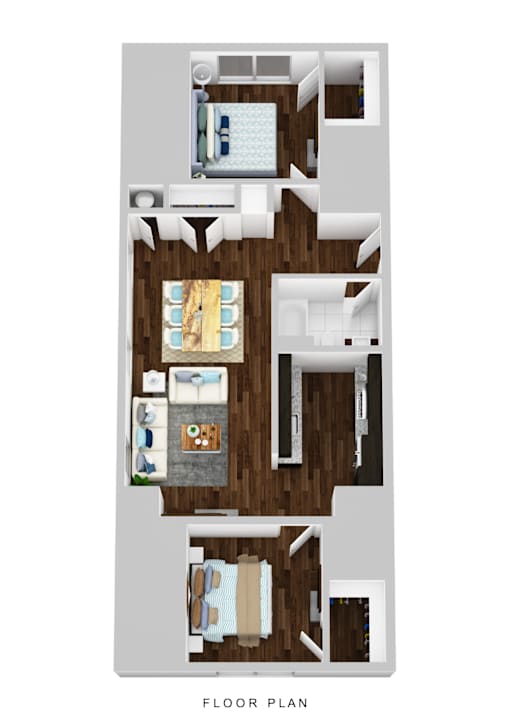 A floor plan of a house with a kitchen, living room, and two bedrooms.