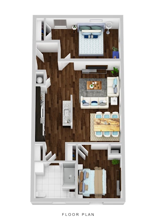 A floor plan of a house with a kitchen, living room, and two bedrooms.