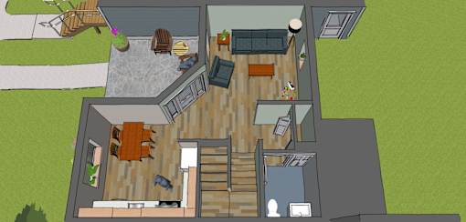 A drawing of a house with a deck and a hot tub.