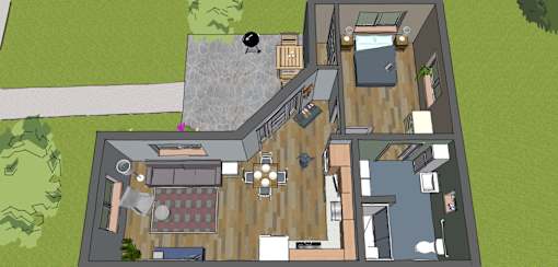 A 3D rendered image of a house with a kitchen, living room, and dining area.